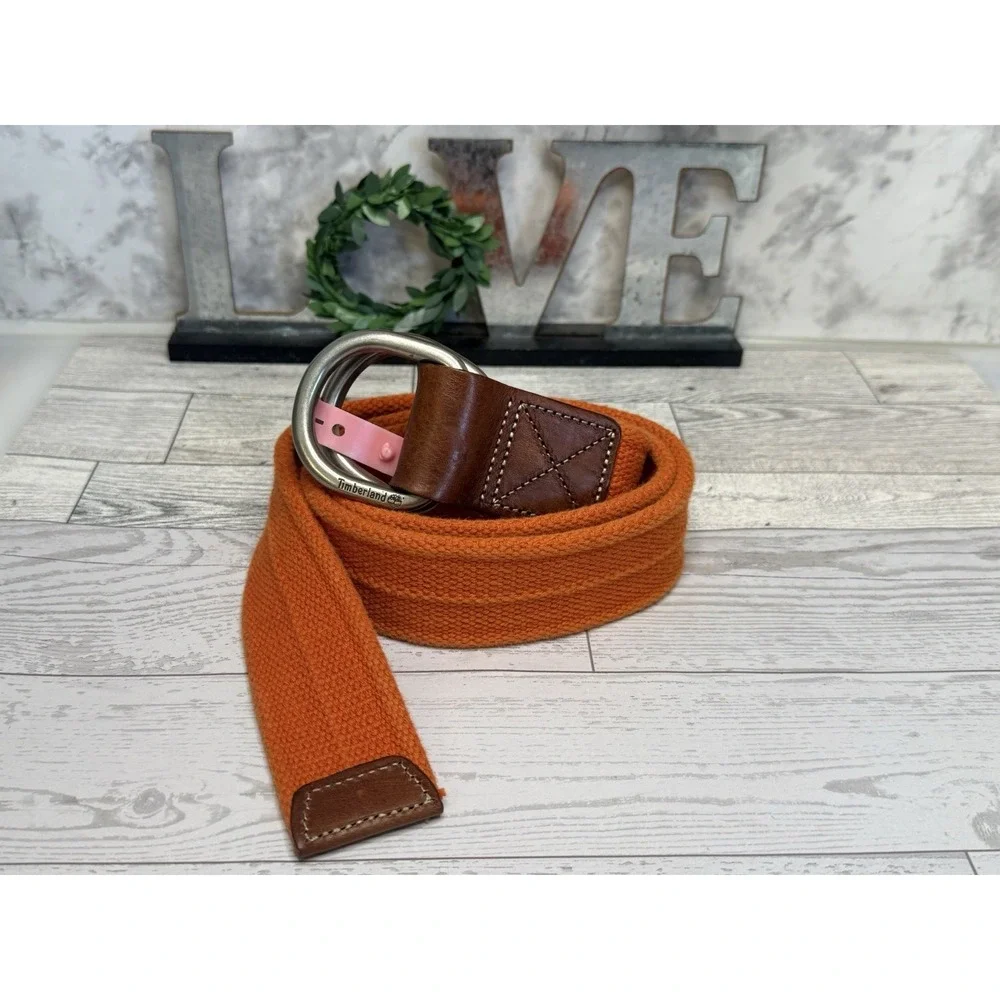 Timberland D Ring Orange Fabric Leather Detail Vintage Men Belt Size S/M 39